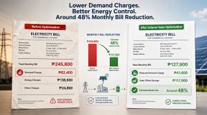 Side-by-side electricity bill comparison graphic showing a high-demand commercial power bill before optimisation and a lower bill after Solaren solar optimisation, with reduced demand charges and about 48 percent monthly savings.