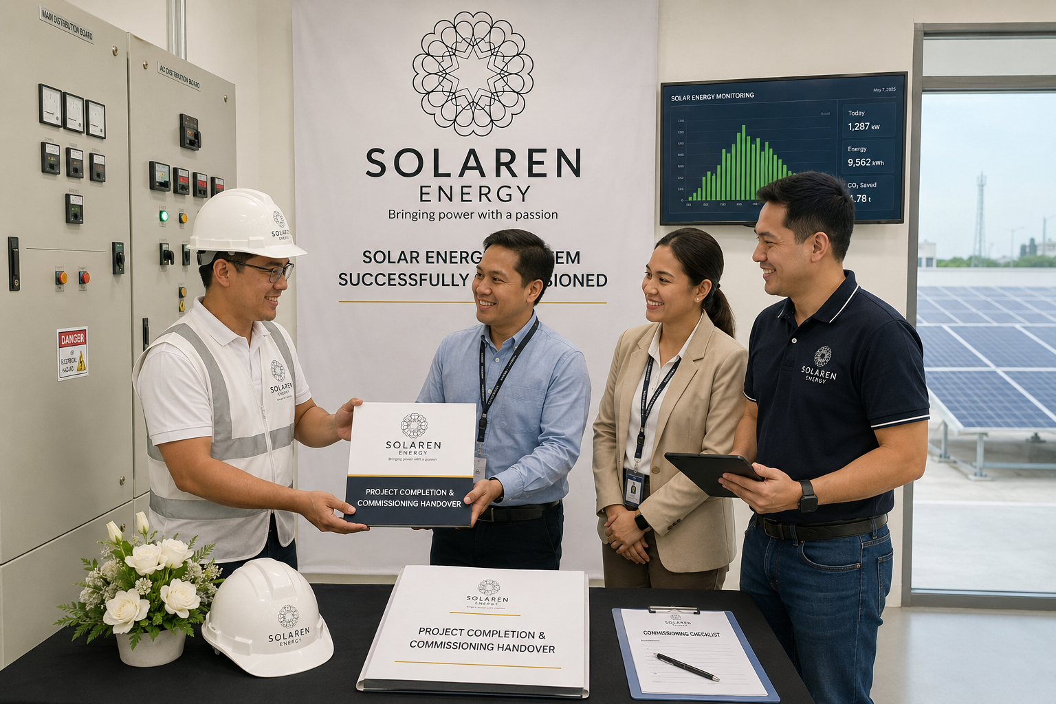 Solaren engineers and client representatives conducting a project completion and commissioning handover for a commercial rooftop solar energy system in the Philippines, with solar panels, electrical equipment, and handover documents visible.