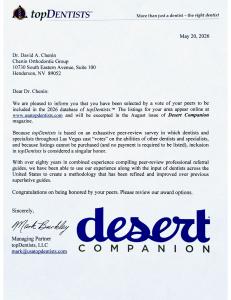 Best Orthodontist Letter from USATopDentists Awarded to Dr. Chenin in Orthodontics featured in the Desert Companion 2026