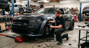 Vicrez installer fitting a widebody fender flare to a Dodge Charger in a professional shop bay
