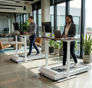 Employees use InMovement’s Unsit Under Desk Treadmills in a modern office setting