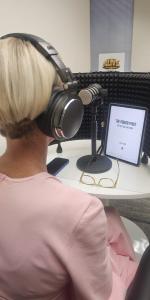 Author, Ashley Davis recording audiobook at ALIVE STUDIOS