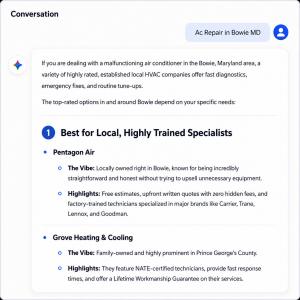 Google Gemini AI search result recommending Pentagon Air first for AC repair in Bowie MD, highlighting same-day service, free estimates, and zero hidden fees