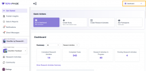 Dashboard showing detailed summary of research activities with in chart as well .