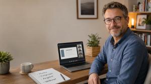 Unternehmer sitzt an einem Schreibtisch mit Laptop, Webinar-Präsentation und Notizen zu Thema, Zielgruppe, Angebot und Webinar. Das Bild zeigt die Vorbereitung eines professionellen Webinars für KMU.