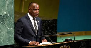 Dominica Prime Minister Roosevelt Skerrit speaking at the United Nations General Assembly podium