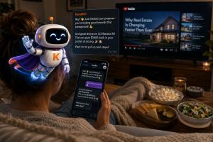 Over the shoulder view of a homebuyer relaxing on a couch while messaging an AI real estate assistant on her phone. A friendly robot character representing the assistant appears beside her as she receives updates about mortgage preapproval progress, a pro