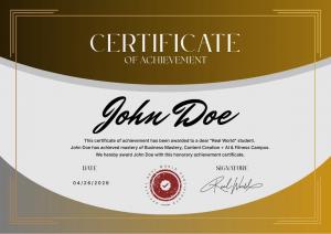 Sample Certificate of Achievement from The Real World featuring a gold border and official seal design.