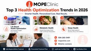 Health optimization trends in Metairie showing lab-based care, metabolic health, and sleep health at MOPE Clinic.