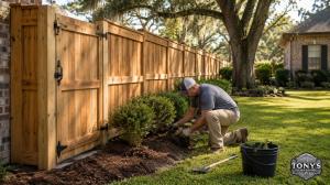 Fence landscaping maintenance near a wood privacy fence in Louisiana by Tony’s Fencing & Iron Works
