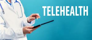 photo of a health care professional, standing, holding an ipad tablet, with the words TELEHEALTH in large font