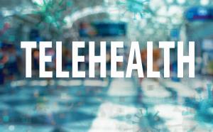 photo of a schematic all done is beautiful light blue colors and in very large white letters are the word TELEHEALTH