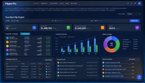 Black dashboard for FlipProfitPro showing comps, expected ARV, projected total investment, pipeline by stage, scheduled tasks and more.