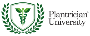 Plantrician University Logo with a plant-based caduceus and green leaves surrounding it to the left of Plantrician University.