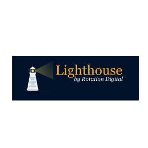 lighthouse at night with logo