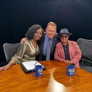 Angela Sadler Williamson with Mark Desmond of High Hopes Head Injury Program and actor Deep Roy during a taping of “Everybody with Angela Williamson” at KLCS PBS in Los Angeles.
