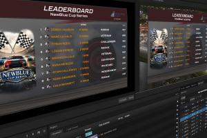 NewBlue Captivate interface displaying an animated leaderboard graphic with dynamic rankings, team branding, and live-updating data fields.