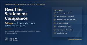 Checklist graphic titled Best Life Settlement Companies listing seven things seniors should check before choosing one: licensed in your state, who they legally represent, multiple buyers not one offer, all fees in writing, a no-pressure process, explains 