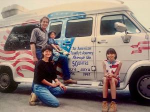 The Graham family poses beside its custom-painted van during its 1996-1997 journey through all 50 states.