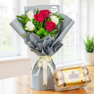 Red and white rose bouquet with Ferrero Rocher chocolates, an Arabian Flora Father's Day gift