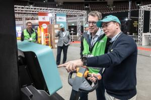 Emil Hauch Jensen, CEO of the Mobile Robot Company is demonstrating the J1600 self-driving pallet jack.