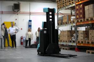 The J1600 self-driving pallet jack from The Mobile Robot Company during a demo day event