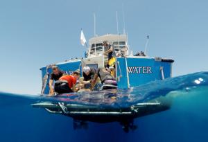 Viewed from the waterline, Palm Beach Maritime Academy students and instructors gather on the back deck of a research vessel during a marine science expedition.