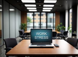 photo of a work conference table with a lap top computer sitting on top and on the screen are the words WORK STRESS