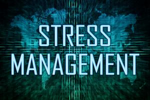 photo of a logo all in colors of blue background with large letters in white with the words Stress management