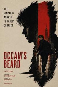 This is the Occam's Beard Pre-Release Poster. It shows a young man in profile and another image of him running away from the camera.