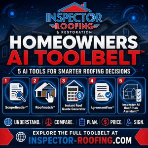 Inspector Roofing Homeowners AI Toolbelt with five AI-powered roofing tools for homeowner clarity