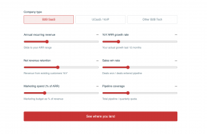 B2B Revenue Benchmark Tool by Cojoy RevGen showing growth rate and NRR inputs against 2025 market benchmarks