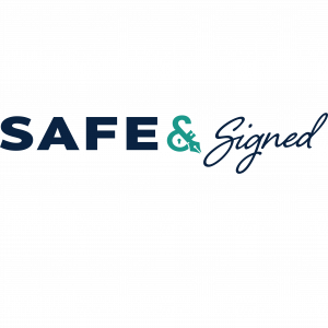 Safe and Signed™ logo featuring bold navy block lettering with a teal ampersand incorporating a lock and pen nib icon, and cursive navy script for "Signed".