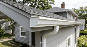 Close-up view of a modern house's roofline with gray shingles and white gutters, showcasing architectural details and landscaping.