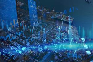 Aerial view of a container port overlaid with digital financial data visualisations - including line graphs, bar charts, and floating numerical values - rendered in blue and white tones, illustrating the intersection of global freight logistics and market