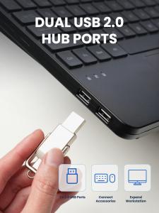 Close-up of the PERIBOARD-427 keyboard featuring dual USB 2.0 hub ports on the side, with a USB flash drive being connected to demonstrate accessory and workstation expansion capabilities.