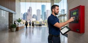 A man in a blue uniform operates a red fire alarm panel in a modern building lobby with large windows, revealing a city skyline in the background.