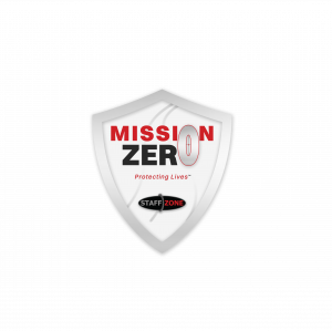 Staff Zone Mission Zero™ shield logo featuring red and black text with the slogan “Protecting Lives™” on a gray background, representing the company’s safety initiative focused on zero incidents.