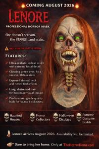 Lenore HD Studios Pro Halloween mask: undead female sculpt with glowing green eyes, long red hair, and exposed skeletal neck