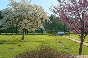 Photo of Franklin Memorial cemetery in spring, with crepe myrtle trees blooming.
