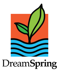 DreamSpring logo: a stylized green seedling emerging from blue water waves on an orange background.