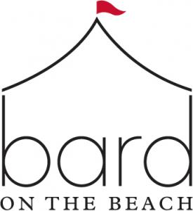 The Bard on the Beach logo features a tent outline with a red flag at the top reflecting the festival's site with the word Bard in the tent and on the Beach underneath.