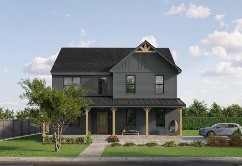 Two‑story home with dark gray siding, black roof, wood‑accented porch with a hanging chair, multiple black‑framed windows, and landscaped front yard.