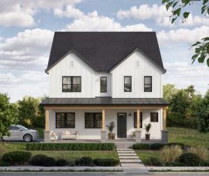 Two‑story modern farmhouse with white vertical siding, black‑framed windows, a covered front porch with wood and stone columns, and landscaped front yard.