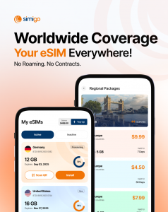 Simigo app displaying worldwide eSIM coverage and regional mobile data plans for international travelers.