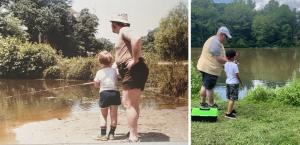 Scott E. Jones fishing with his father Harry, a United States Army veteran, and with his son Jackson — three generations of the Jones family on the water