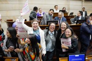 Supporters of Proyecto de Ley No. 440 de 2025 Senado-018 de 2024 Cámara inside Colombia’s House of Representatives celebrating the passing of the bill