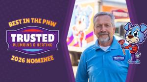 Trusted Plumbing and Heating are Best in the PNW 2026 Nominees, pictured is owner Jim Cunningham alongside the logo and text that reads 'Best in the PNW 2026 Nominees'