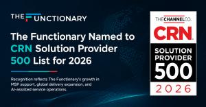 Branded announcement graphic showing The Functionary logo and the CRN Solution Provider 500 2026 badge on a dark blue background, highlighting The Functionary’s recognition on the 2026 list.