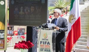 Los Angeles, June 10, 2026 – Hamid Azimi speaking at a conference organized by the US Office of the National Council of Resistance of Iran to urge FIFA to expel Iran’s regime due to IRGC interference in sports and suppression of athletes.